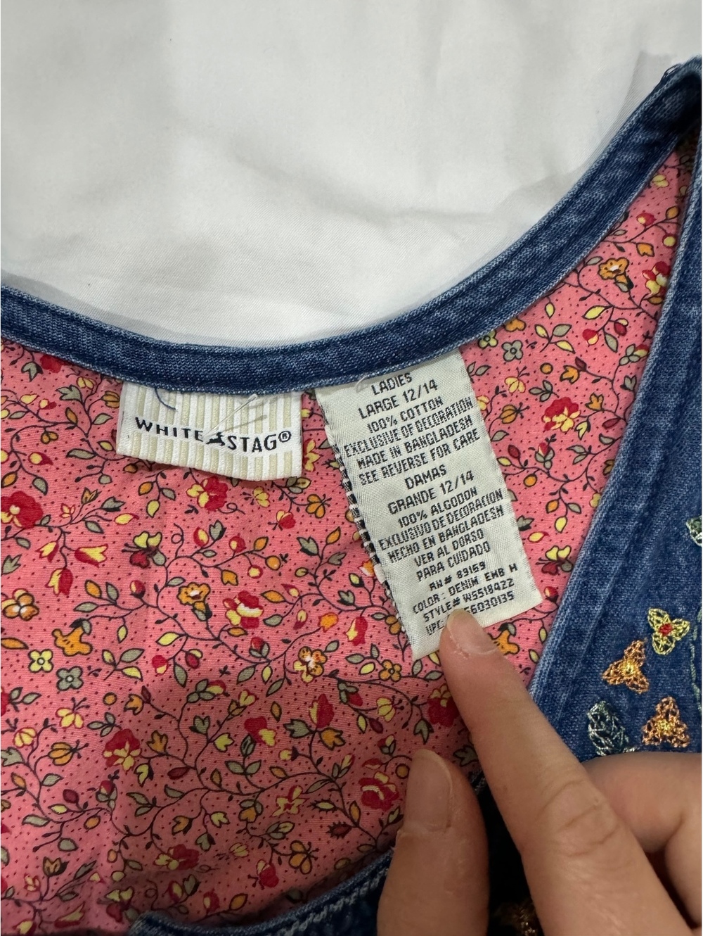 Vintage 90s White Stag Embroidered Denim Midi Dress Button Front Cottagecore L - Picture 5 of 8